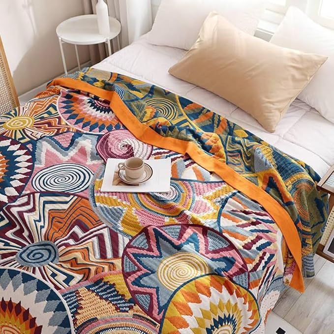 Boho Throw Blanket King Size for Bed,100% Cotton Soft Cozy Rustic Quilt 90"x98" Muslin Fall Throw Blanket Bed Bedspread Blanket for Home Decor Picnic Sofa Chair Blankets Best Gifts