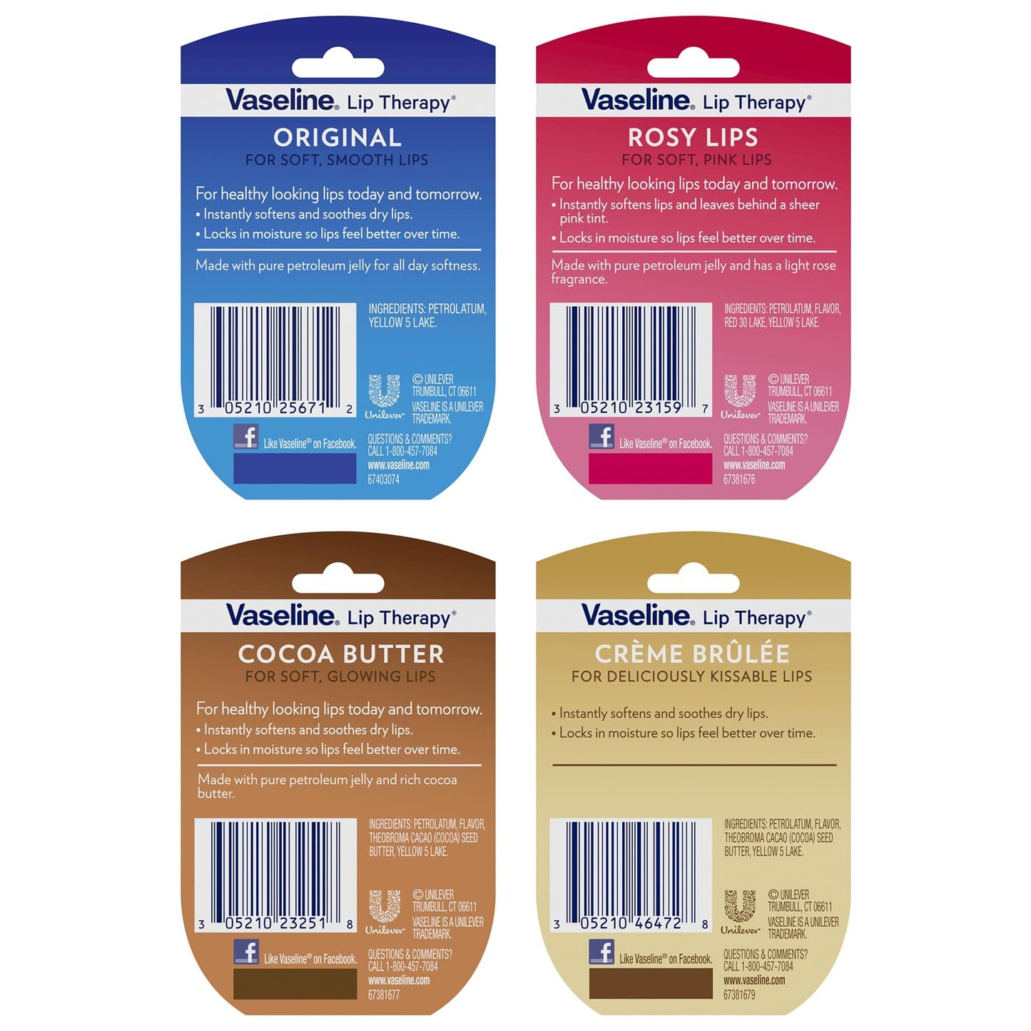 Vaseline Lip Therapy Variety 8-Pack – Original, Crème Brûlée, Rosy Lips, Cocoa Butter Mini Lip Balms for Soft, Glowing, and Deliciously Kissable Lips, 0.25 Oz Ea