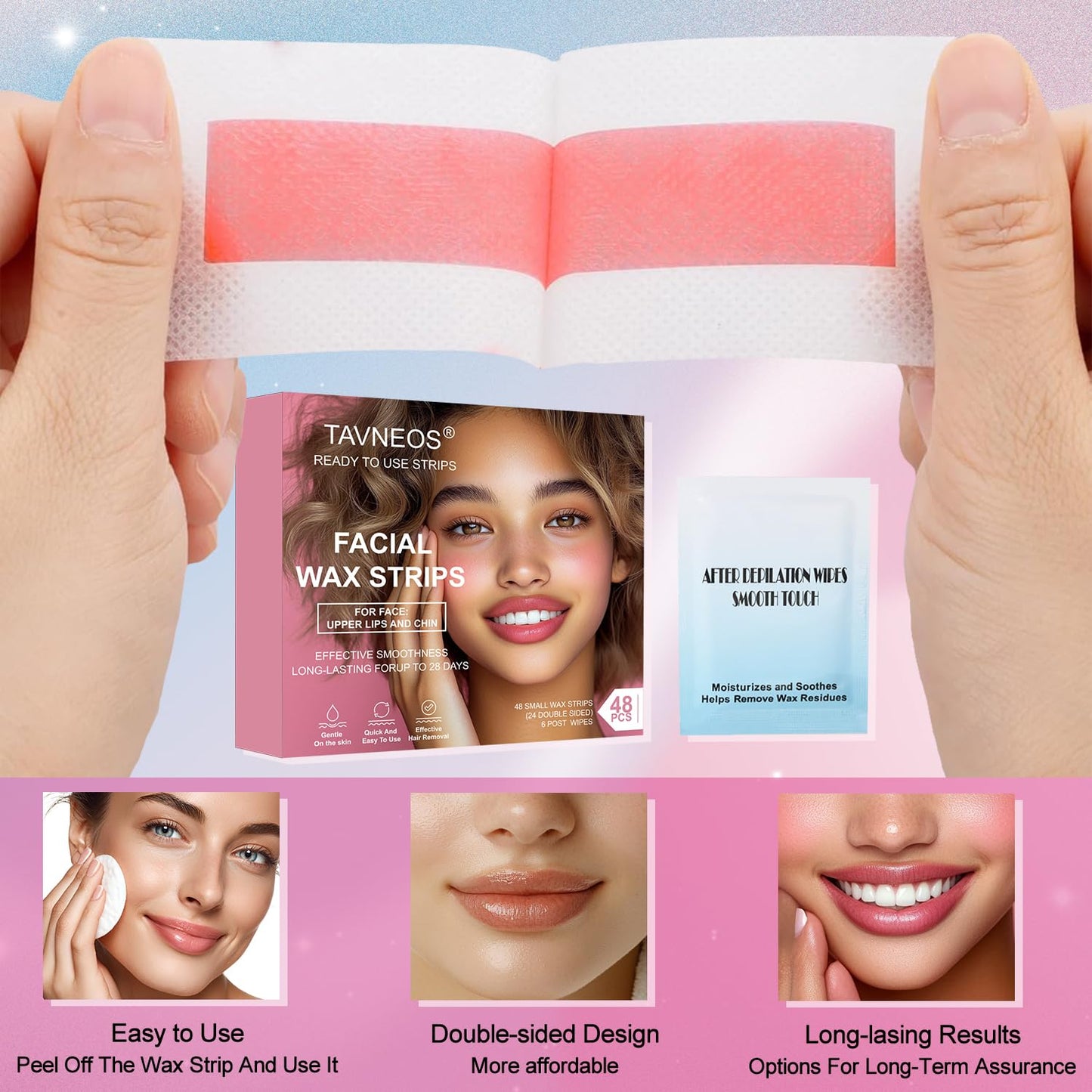 48PCS Facial Wax Strips for Hair Removal(48 Face+6 Soothing Wipes) Facial Hair Removal for Women, Waxing Kit for Women's Face, Bikini, Chest, Body, Arms, Legs, Back, & Brazilian