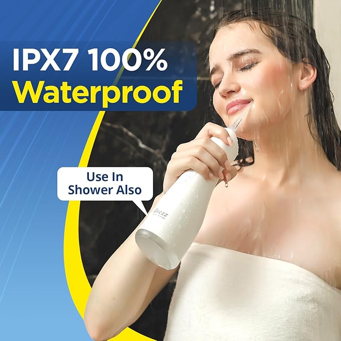 Brezz Water Dental Flosser Pick:Professional for Teeth Cleaning,4 Modes Cordless, Rechargeable IPX 7Waterproof,300ML Large Tank,Electric,Portable Home Travel,5Tips Flossing,Powerful Battery (White)