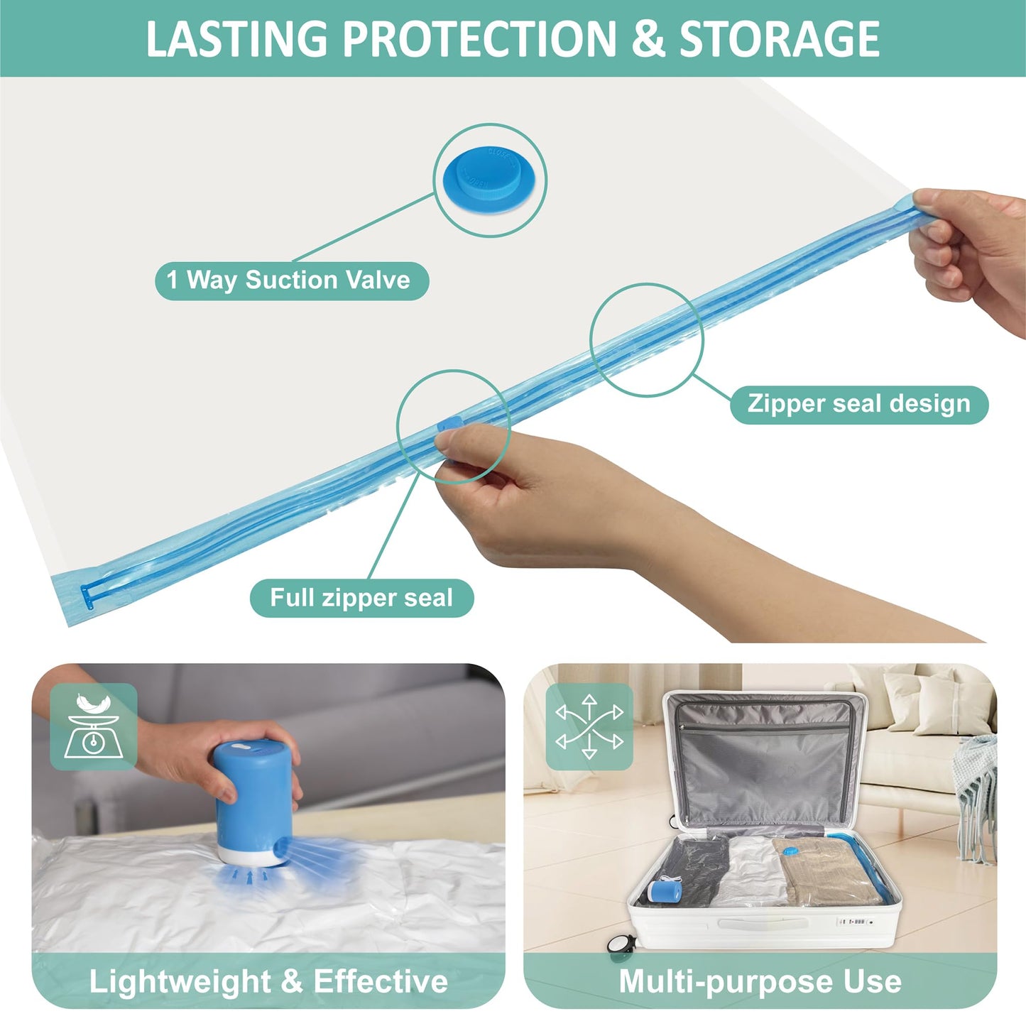 Cozy Essential Travel Vacuum Clothes Bags with Portable Electric Pump for Luggage, Suitcase, Vacuum Seal Compression Space Saver Bags for Clothing, 8 Pack