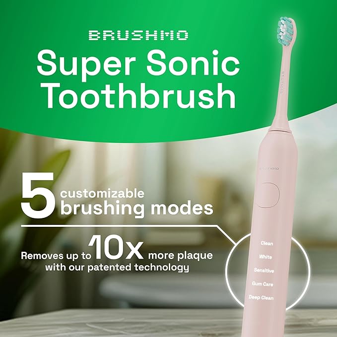 Brushmo Super Sonic Electric Toothbrush with 4 Replacement Heads - Rechargeable Electronic Tooth Brush for Adults with 5 Customizable Modes - IPX7 Waterproof & Long-Lasting Battery – Nova Pink