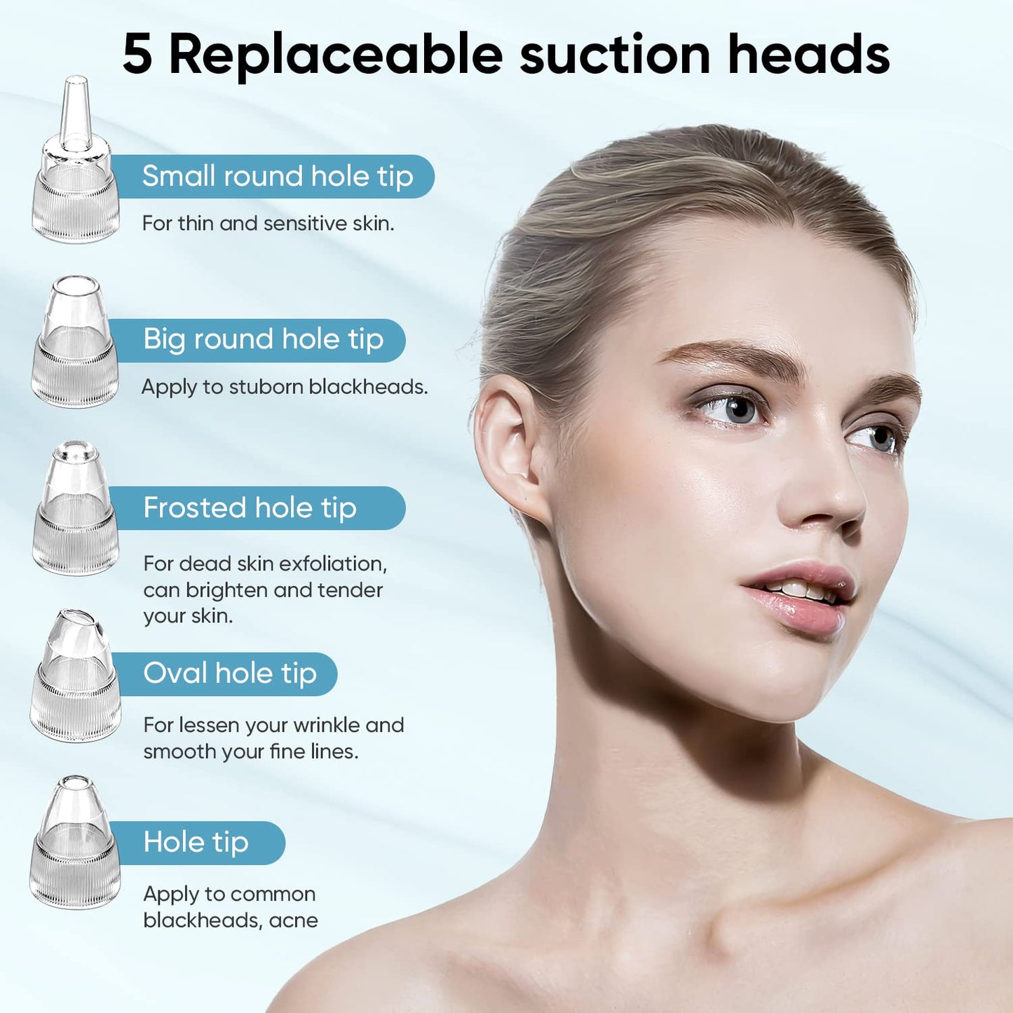 Blackhead Remover Pore Vacuum for Face & Nose – Deep Cleansing Blackhead Remover Tools with 3 Suction Levels, 5 Replaceable Tips, USB Rechargeable Pore Cleaner