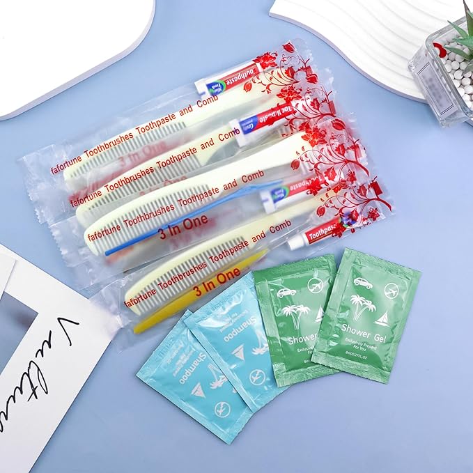 Bulk Hygiene Kits for Homeless,Disposable Toothbrushes with Toothpaste and Comb for Homeless Individually Wrapped，Basic Toiletry Kits Travel Size Shampoo And Body Wash For Hotel,Air Bnb Charity (200)