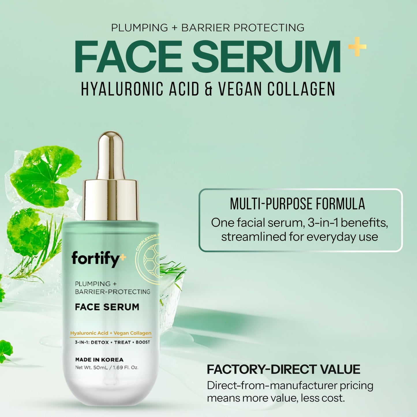 Fortify Skincare Hyaluronic Acid Serum for Face with Collagen – 3-in-1: Detox, Treat, Boost – Hydrating, Firming, Anti-Aging Serum – Dermatologist Tested Korean Skin Care – Clean Beauty – 1.69 Oz