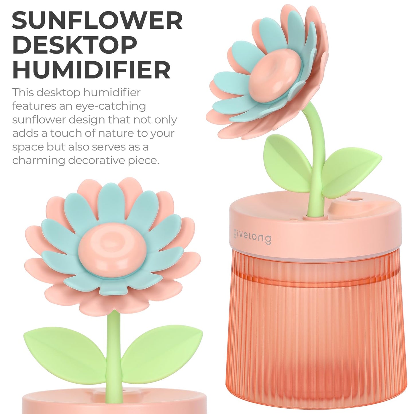 Sunflower Desktop Humidifier for Bedroom, Quiet Cool Mist Humidifier with Diffuser and LED Night light, Auto Shut-Off, 260 ML Portable Humidifier for Car Outdoor Home Indoor Nursery Plants (Pink)