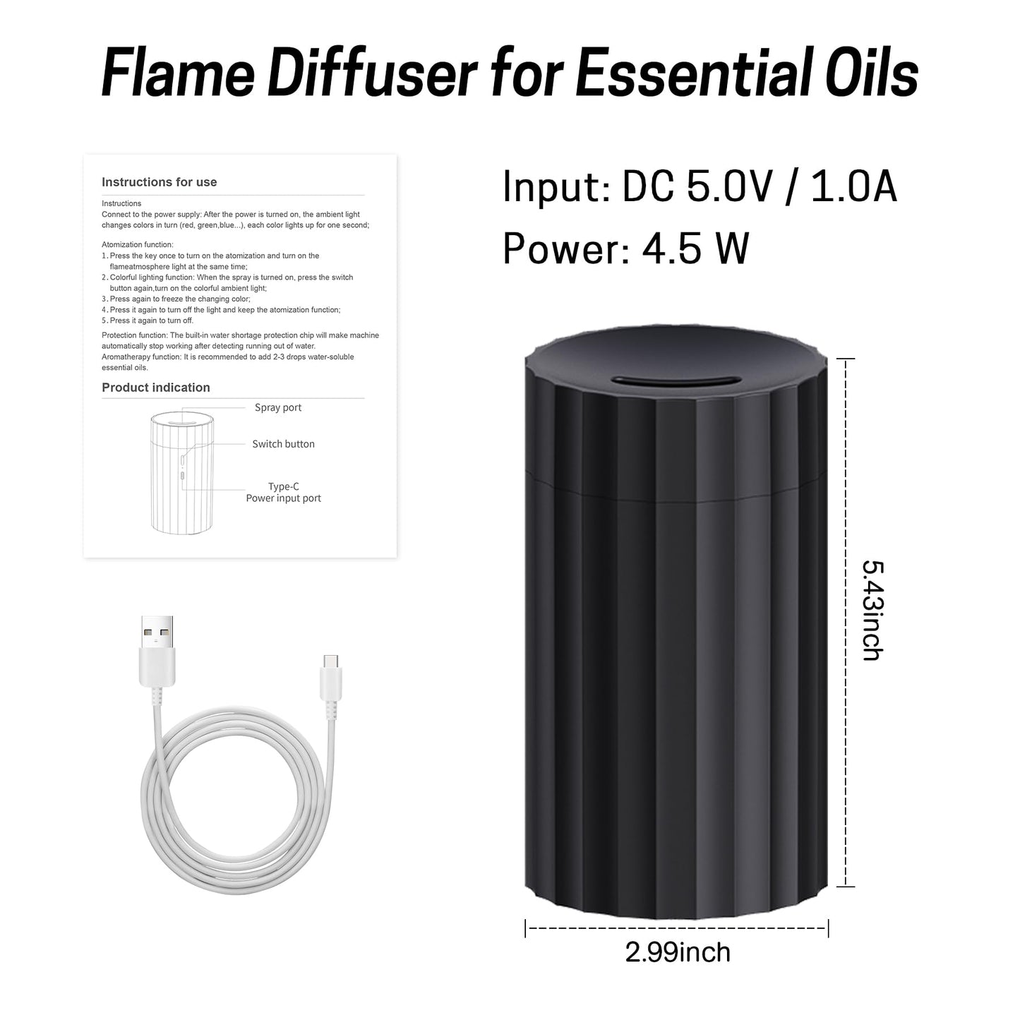 Rican Car Diffuser, Black Car Humidifier,Flame Diffuser for Essential Oils - Mini Portable Humidifier Cool Mist,100ml Colorful Air Aroma Diffuser,Aromatherapy Diffuser for Home Office