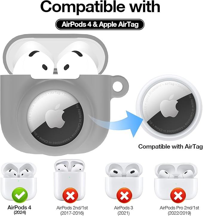 2 in 1 Silicone Case Compatible with AirPod 4 and AirTag, Shockproof Protective Skin Cover for AirPods 4th Generation with Cleaner Kit & Carabiner (Grey)