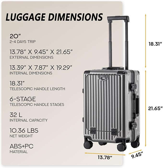 20 Inch Zipperless Carry On Luggage 22x14x9 Airline Approved With Spinner Wheels,Aluminium Frame Hard Shell Travel Suitcase with TSA Approved Cup Holder USB Port Holder for Women Men,Grey