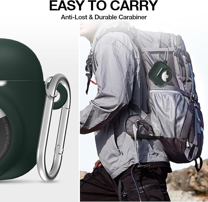 2 in 1 Silicone Case Compatible with AirPod 4 and AirTag, Shockproof Protective Skin Cover for AirPods 4th Generation with Cleaner Kit & Carabiner (Dark Green)