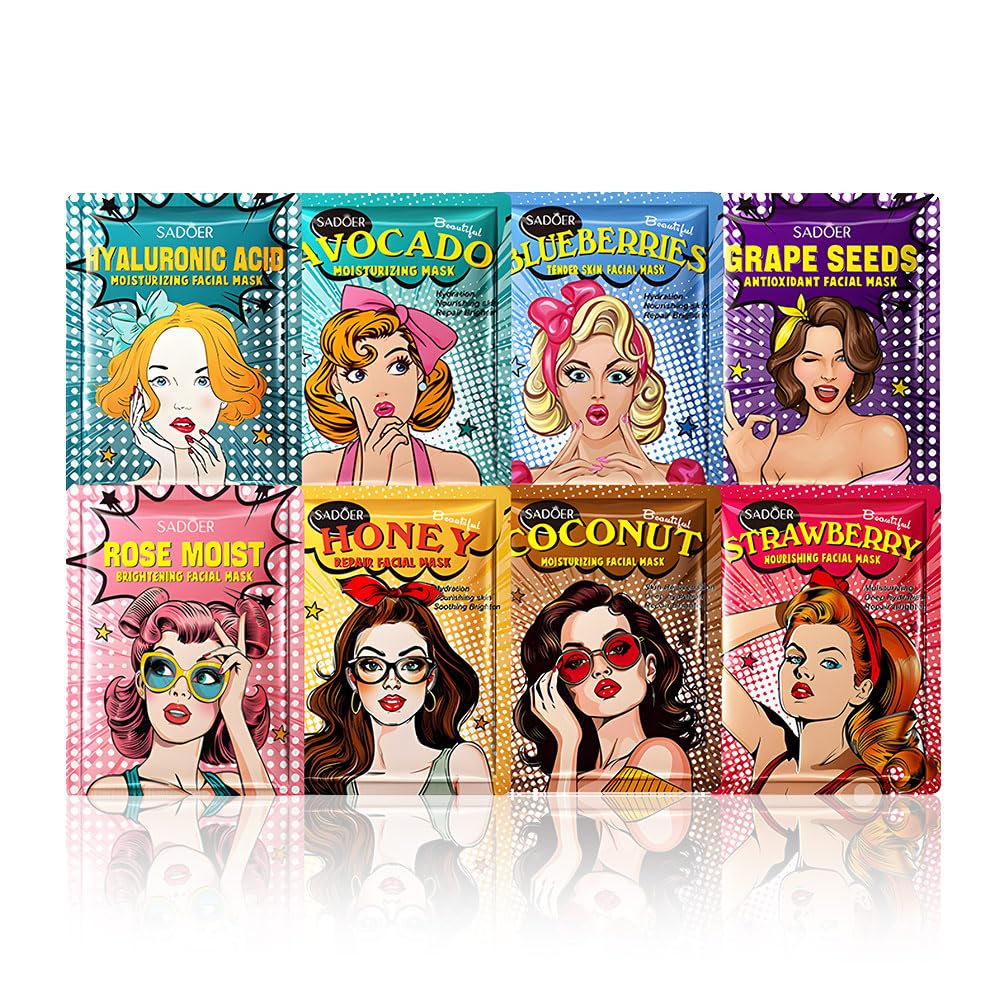 FeiCuiYun Girl Character Sheet Masks, Spa Party Facial Mask Skincare Set, Sheet Masks Skin Care, Moisturize Brighten Soothe for All Skin Types, Christmas Birthday Gifts for Women Men Girls, (8Pcs)