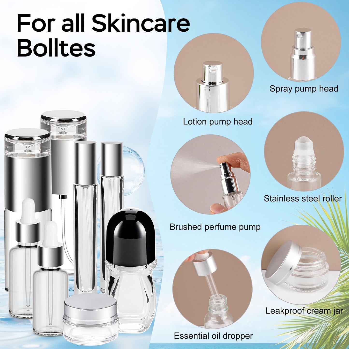 KOUWICH 34 Piece Glass Travel Bottles for Toiletries TSA Approved Mini Makeup Containers with Toiletry Bag Refillable BPA Free Skincare Container Leak Proof for Serums, Moisturizers, Toners, Cream