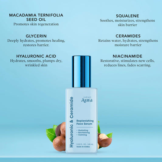 Radiant Aura Facial Serum with Hyaluronic Acid & Ceramide - Dermatologist Tested Korean Serum for Glowing Skin - Hydrating, Calming & Skin Barrier Repair - Suitable for Sensitive Skin - 2 Fl. Oz