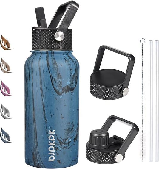 BJPKPK Insulated Water Bottles with Straw Lid, 27oz Stainless Steel Water Bottle with 3 Lids, Leak Proof BPA Free Metal Thermo, Mugs, Tumblers, Keep Cold Hot - Wood Prussian Blue