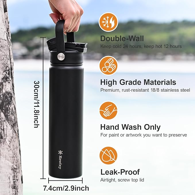24 oz Insulated Water Bottle, 2-in-1 Lid, Straw & Spout with Protected, Leak Proof, Keep Cold, Stainless Steel, Metal, Reusable, Handle, for Travel, Gym and School, 2 Lids, Midnight Black