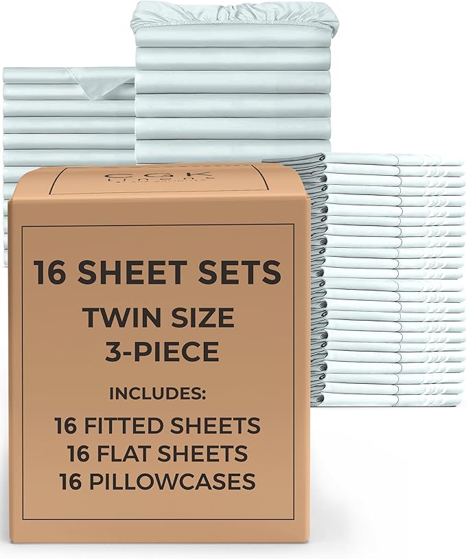 Bulk Case Pack of 16 Sheet Sets - (16) Complete Twin Size Sheet Sets with Deep Pockets - Wholesale Bulk Bedding for Hotels, Spas & Airbnbs - Breathable, Cooling, Soft & Wrinkle Free - (Twin, Ice Blue)
