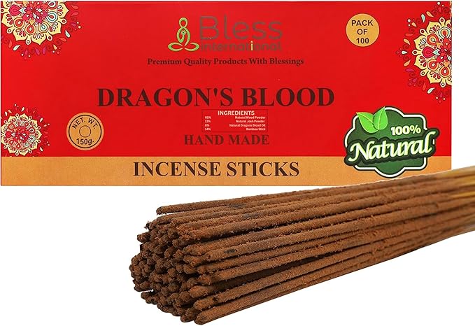 Bless-Dragons-Blood 100%-Natural-Handmade-Hand-Dipped Organic-Chemicals-Charcoal-Free Purification-Relaxation-Positivity-Yoga-Meditation Best-Woods-Scent (100 Sticks (5.25 OZ))