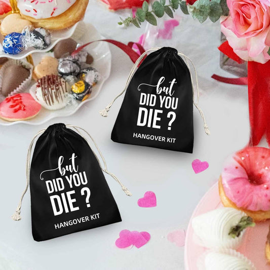 XIKAINUO Set of 10 Funny Cotton Muslin Drawstring kit Black Bags - But Did You Die, Bachelorette Hangover Survival Kit Engagement Wedding Party Bridal Shower Recovery Kit Gifts