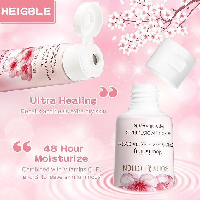 50 Pack Travel Size Body Lotion 1 oz Cherry Blossom and Jojoba Oil Body Lotion Dry Skin Moisturizer with Flip Cap for Extra Dry Skin, Inns, Hotels Resorts, Airlines, Offices, Gyms and More