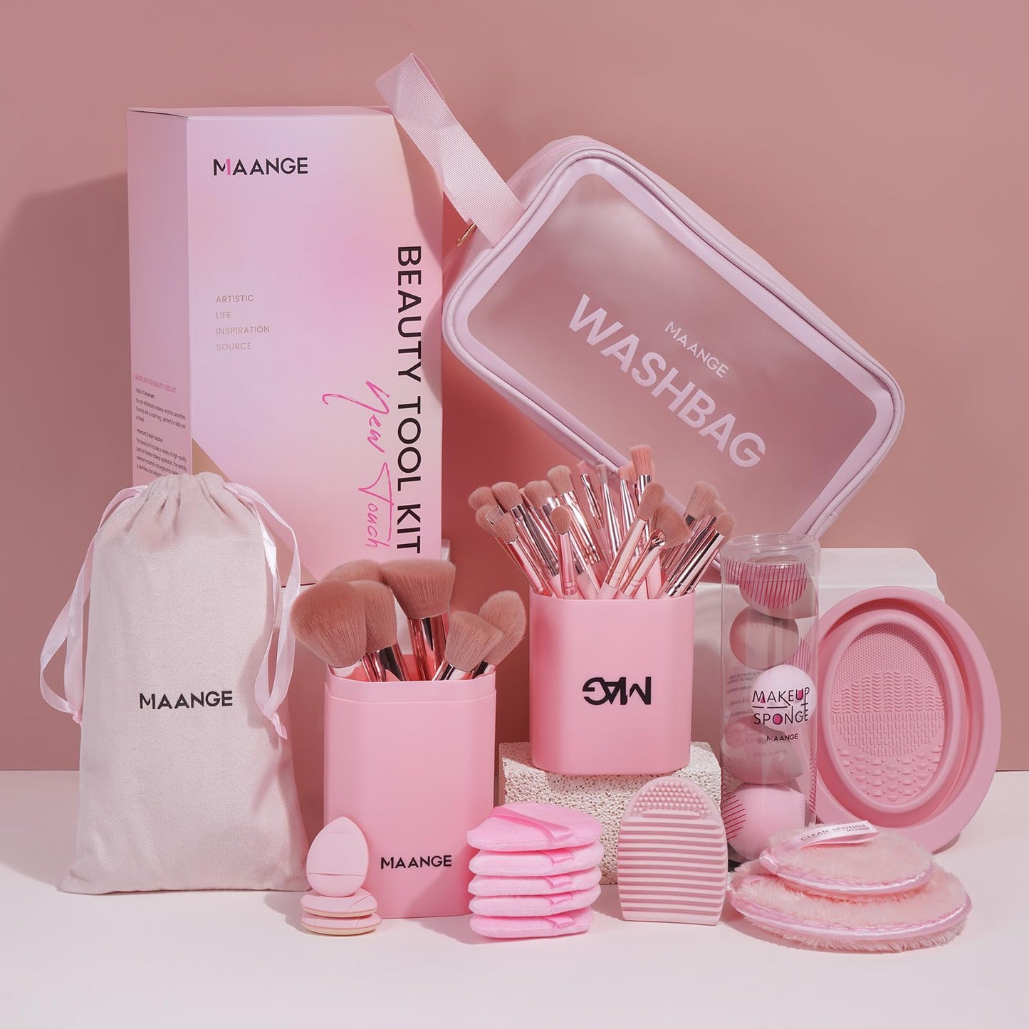 MAANGE Makeup Brush Set 51 PCS Professional Makeup Brushes for Foundation Powder Concealers Eye shadows Blending Blush Travel Make up Brush Kit (Pink)