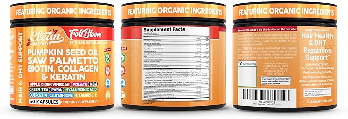 Clean Nutra Pumpkin Seed Oil Saw Palmetto Biotin Collagen Keratin MSM Folate Hyaluronic Acid Supplements B12 Zinc Hair Supplement for Women Men Iodine 5-MTHF B-12 Vitamin B9-60 Vegan Capsules Count