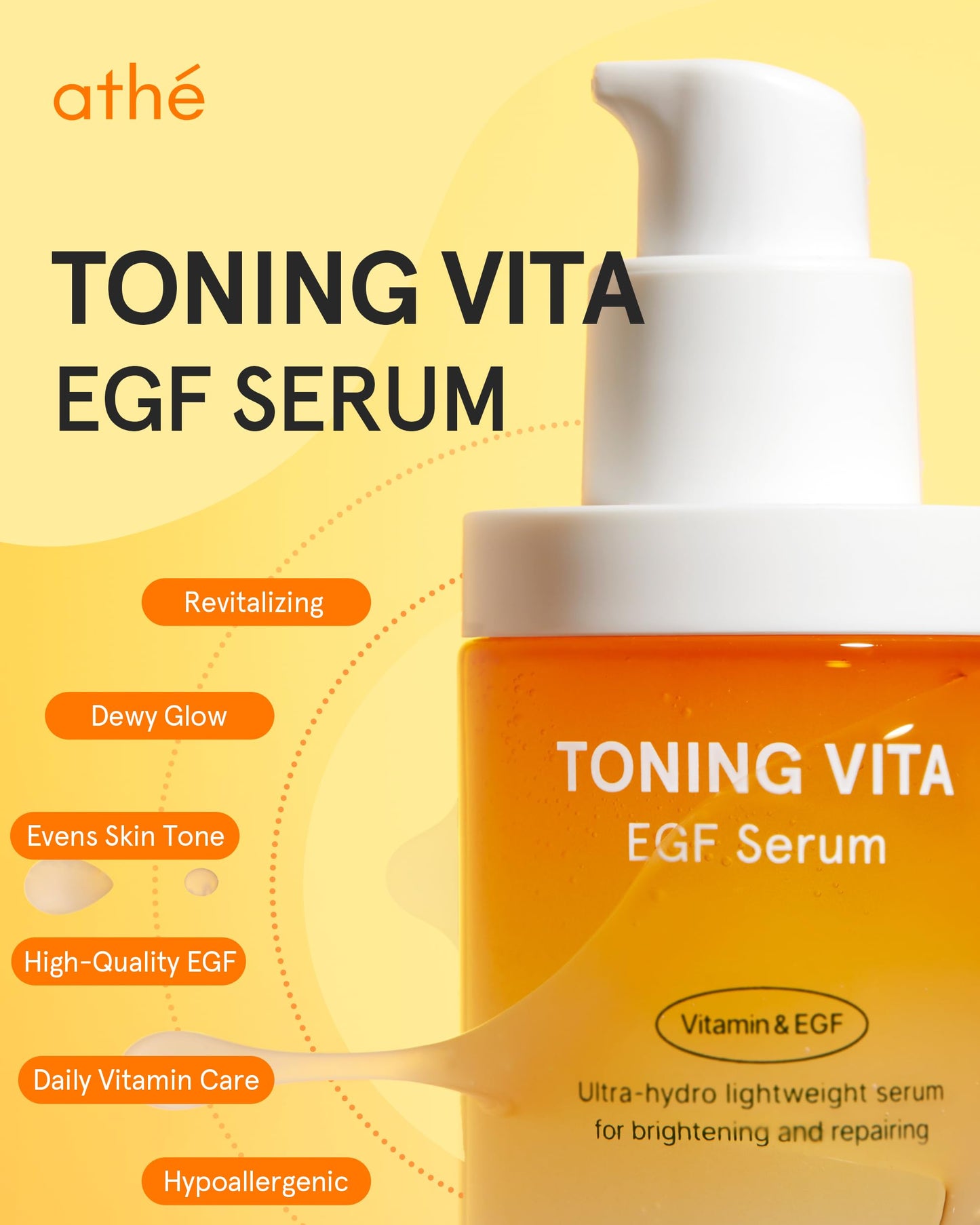 ATHE Toning Vita EGF Serum - Korean Skin Repairing Serum with Vitamin C - Hydrating & Soothing Hypoallergenic Ampoule for Day & Night Use, 1.01 fl.oz.