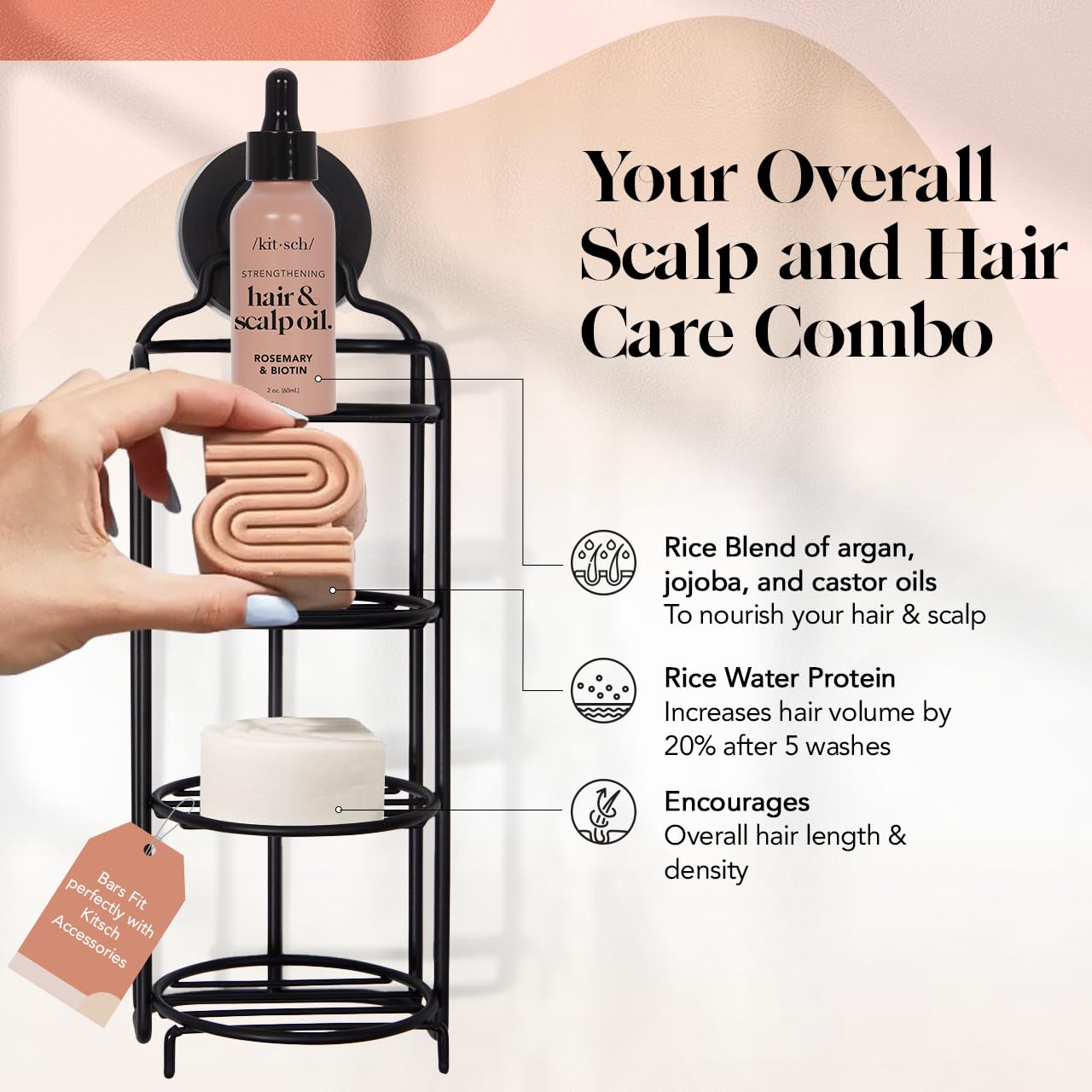 Kitsch Rice Water Shampoo and Conditioner Set + Pre-Wash Scalp Serum with Rosemary and Biotin – Shampoo and Conditioner Bar for Hair Growth & Scalp Nourishment – Hair Care Bundle – 3pc Set