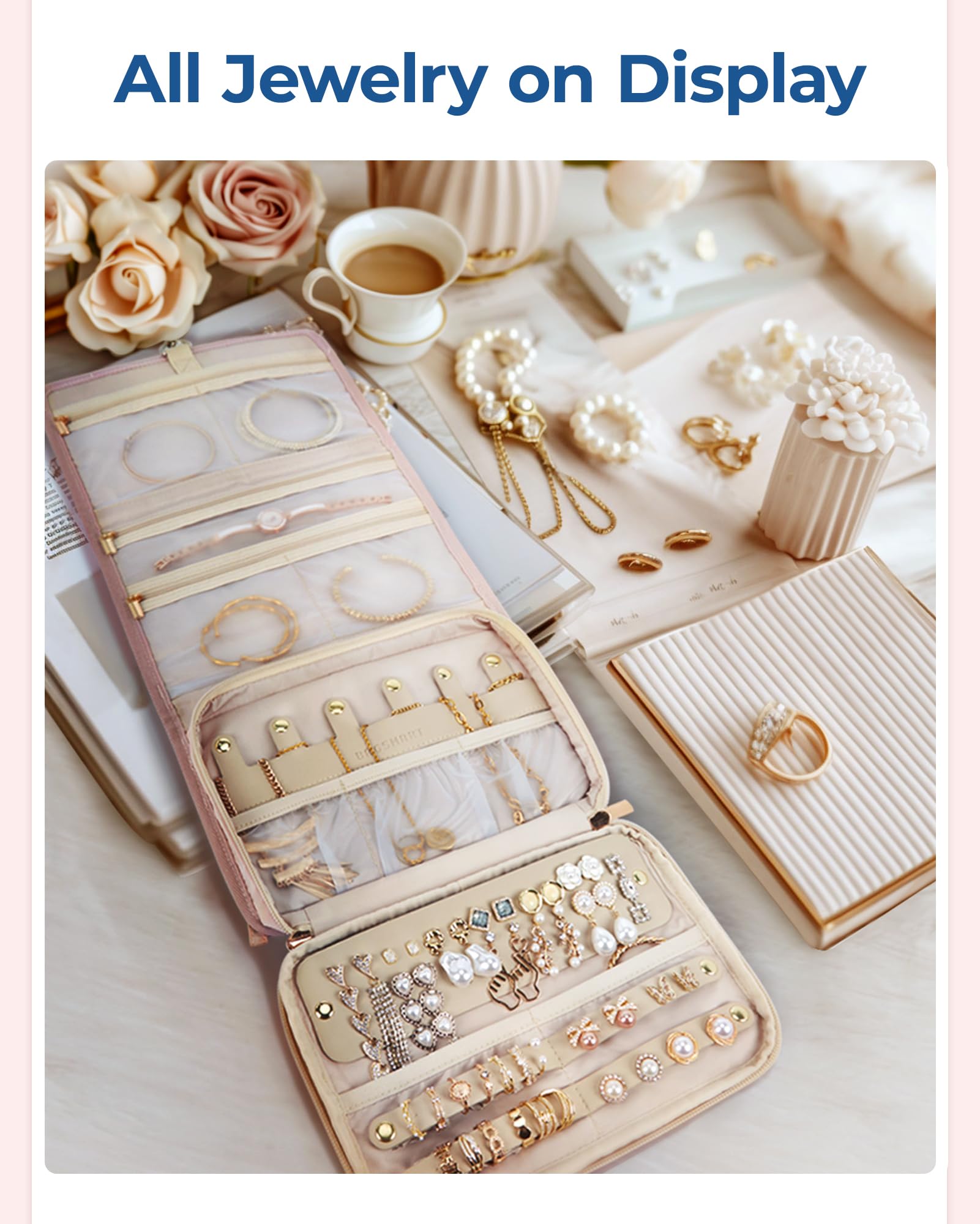 BAGSMART Travel Jewelry Case Organizer, Large Capacity Foldable Jewelry Roll for Journey - Rings, Necklaces, Earrings, Bracelets, Fashion Black