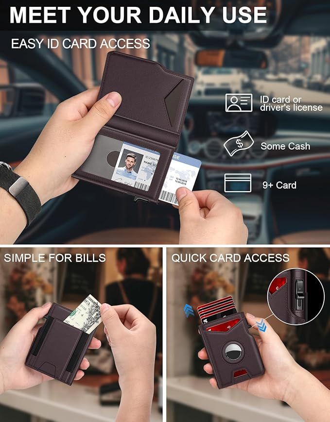 Airtag Wallet for Men, Minimalist Slim Mens Wallet Smart Pop Up Credit Card Holder for 9-13 Cards, RFID Blocking Wallet with ID Window & Cash Slot, Compact Bifold Metal Aluminum Card Case