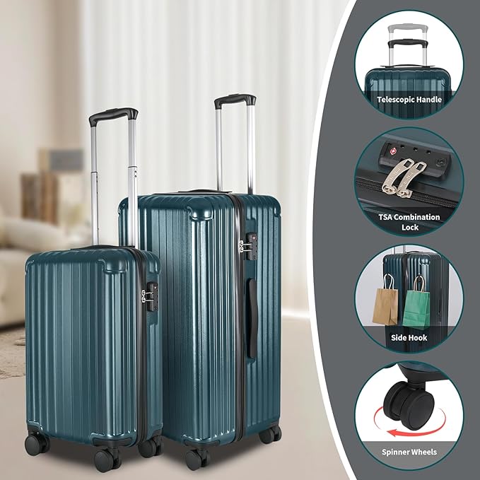 Carry-on 20 Inch and 28 Inch Square Thickened ABS+PC Hard Shell luggage, 2-Piece Suitcase Set with TSA Lock & Dual Zipper Mesh Inner Layer Design, Teal Blue