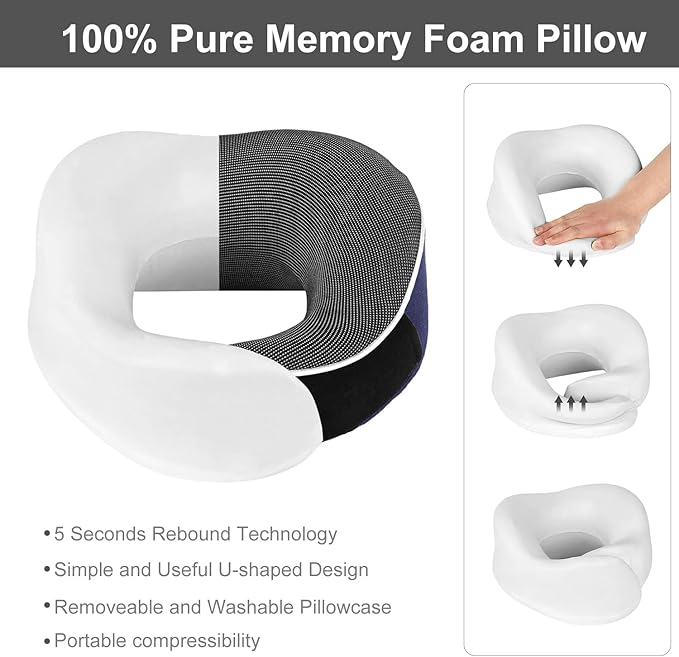 Travel Neck Pillow, Best Memory Foam Airplane Pillow for Head Support Soft Adjustable Pillow for Plane, Car & Home Recliner Use (Blue)