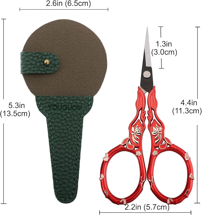 Antique Embroidery Scissors with Case, Needlework Scissors for Sewing Crafting Cross Stitch Crochet Yarn, Detail Shears Threading Snips Vintage Golden Red