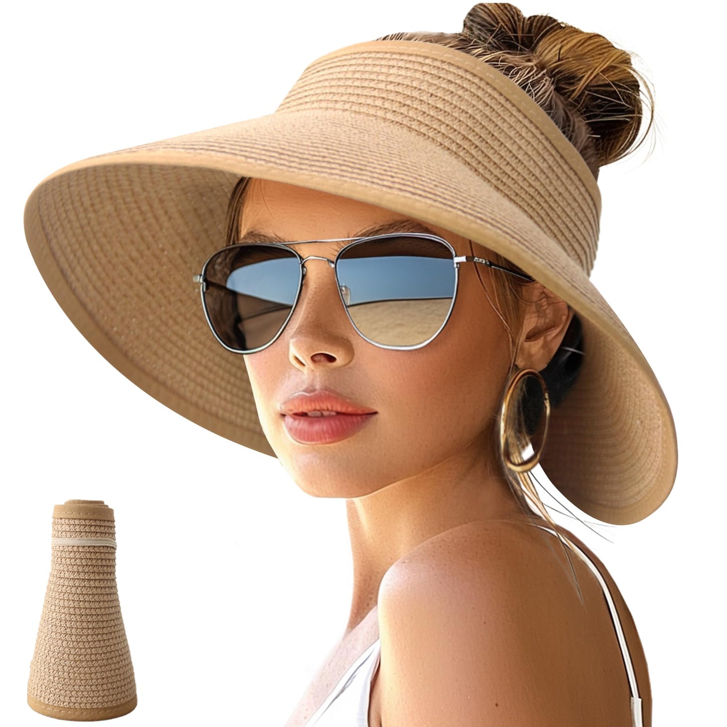 NPJY Sun Hats for Women Wide Brim Roll-Up Beach Ponytail Hat Packable Travel Foldable Straw Visor Khaki