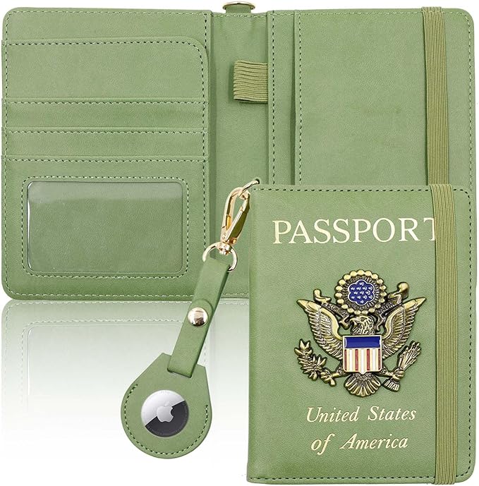 Cnycmy Passport Holder with Airtag slot,Passport-Wallet-Holder for Women,for Family, Rfid Passport Book Card Slot Waterproof, passport holder for travel (moss green1)