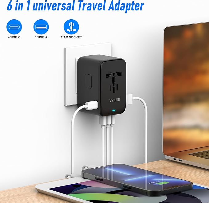 120W Universal Travel Adapter, GaN III International Power Adapter, 4 USB-C 1 USB-A Ports, AC Outlet, Worldwide US/UK/EU/AU Travel Charger for Cameras Laptops Tablets Phones and More
