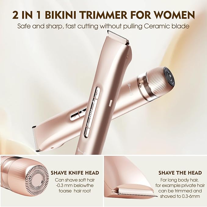 2-in-1 Electric Shaver & Bikini Trimmer for Women - Painless Electric Razor for Face,Body & Intimate Areas,Cordless Wet/Dry Shaver with Dual Blades,Waterproof for Shower&Travel(Gold)