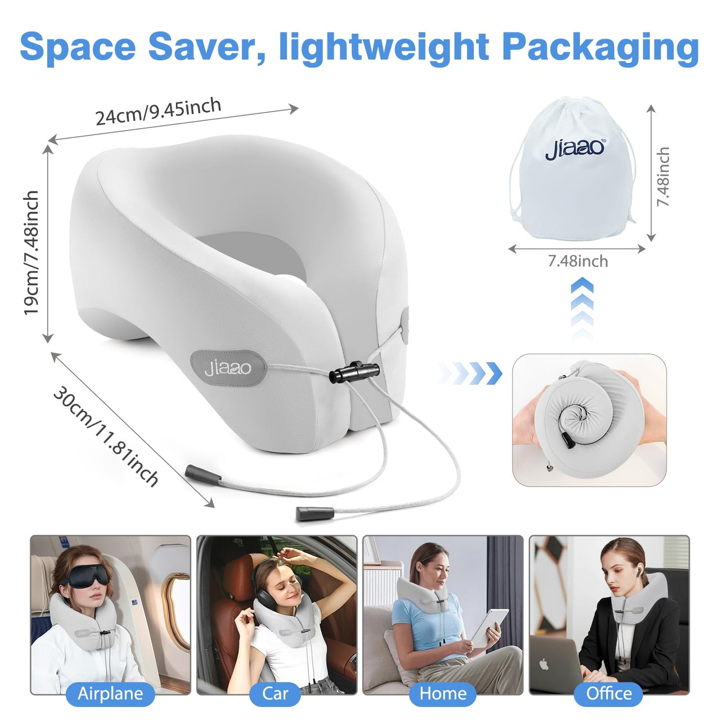 jiaao Travel Neck Pillow - Pain Relief & Comfortable Sleep on Cars, Trains & Planes - Memory Foam Advanced Neck Support for Long Flights, Eye Mask, Earplugs & Storage Bag