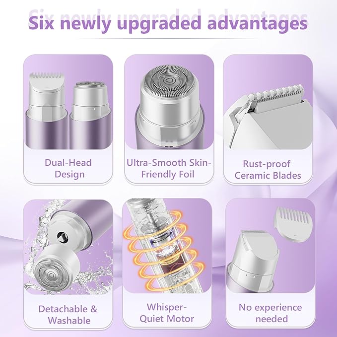 2 in 1 Womens Razors Shaver Bikini Tnimmer, Women Electric Razors for Shaving Underarms Leg Pubic Facial Hair Removal for Waterproof Wet and Dry IPX8