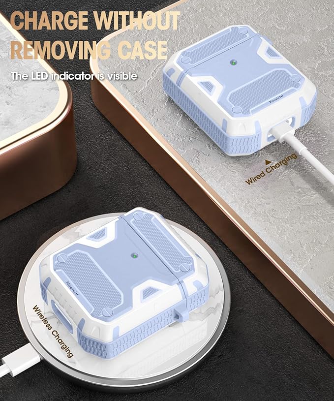 Koaichi Compatible with AirPods Case, Full-Body Rugged Hard Shell Protective Case Cover with Keychain Designed for AirPods 1st & 2nd, Denim Blue/White
