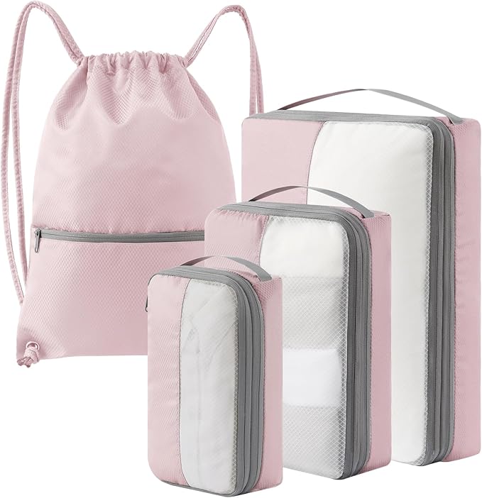 4 Set Compression Packing Cubes for Travel, Bonus Versatile Drawstring Backpack, Lightweight Luggage Organizer Bags, Sturdy Travel Accessories for Suitcase, Pink