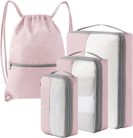 4 Set Compression Packing Cubes for Travel, Bonus Versatile Drawstring Backpack, Lightweight Luggage Organizer Bags, Sturdy Travel Accessories for Suitcase, Pink