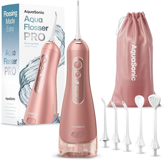 AquaSonic Aqua Flosser PRO - Rechargeable Cordless Water Flosser for Teeth, Gums & Tongue - Modern Design, 300ml Large Tank, 6 Jet Tips with Deluxe Tongue Nozzle, 3 Modes, Waterproof Rose Gold