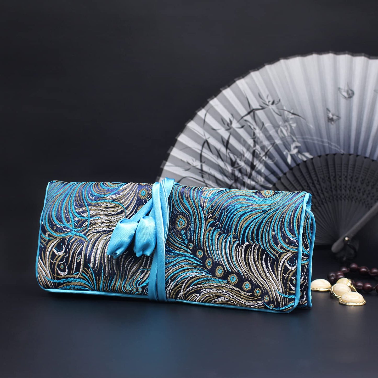Wei Long@Jewelry Roll, Travel Jewelry Roll Bag,Silk Embroidery Brocade Jewelry Organizer Case with Tie Close, (Peacock,Blue)