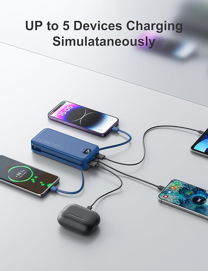 20000mAh Ultra-Portable-Charger-Power-Bank with Built in Cables&AC Wall Plug,PD20W USB-C Fast Charging Cell Phone Charger Battery Pack,LED Display Travel Battery Bank for All iPhone,Samsung,Android