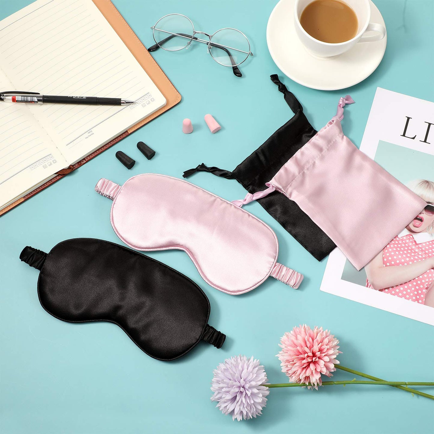 Silk Satin Sleeping Mask Eye Mask Set Include 2 Blindfold Eyeshade Elastic Strap Double Layer Silk Filling Eye Cover 2 Ear Plugs 2 Storage Bags for Women and Men Sleep Travel Nap (Black, Taro Purple)