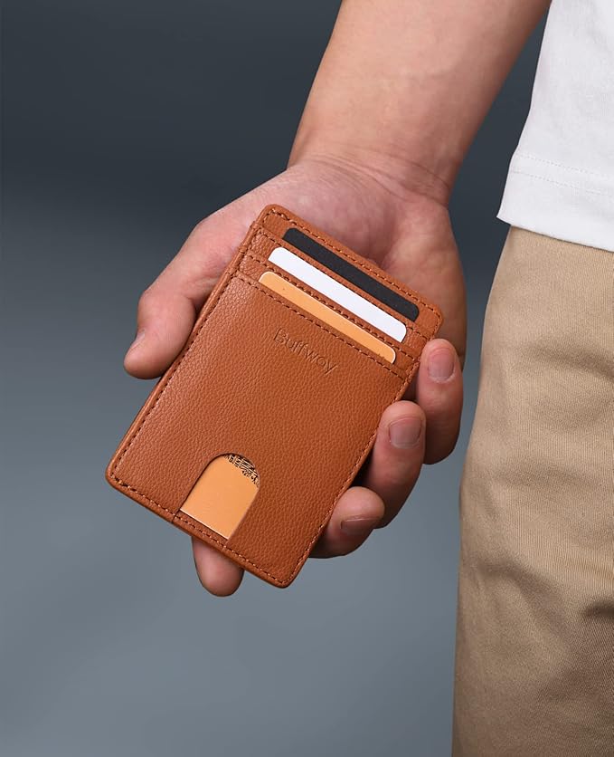 Buffway Mens Slim Wallet, Minimalist Thin Front Pocket Leather Credit Card Holder with RFID Blocking for Work Travel