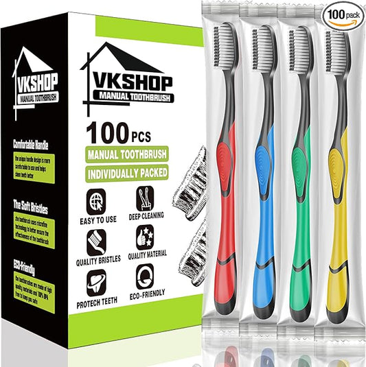 100 Bulk Charcoal Toothbrushes, Individually Wrapped Travel Toothbrush Set for Adults Kids, Disposable Manual Toothbrushes Set (4 Colors)