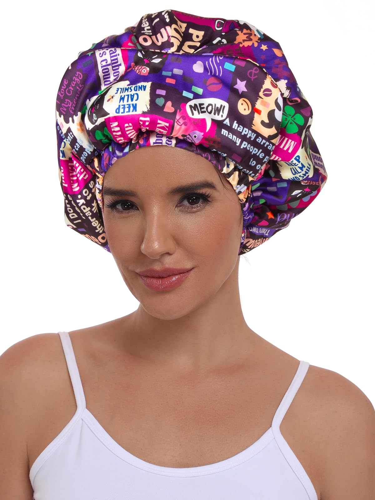 Vettres Double Layer Satin Bonnet with Eye Mask Adjustable Silk Sleep Cap Turban Style Hair Wrap for Curly Hair Purple Animals