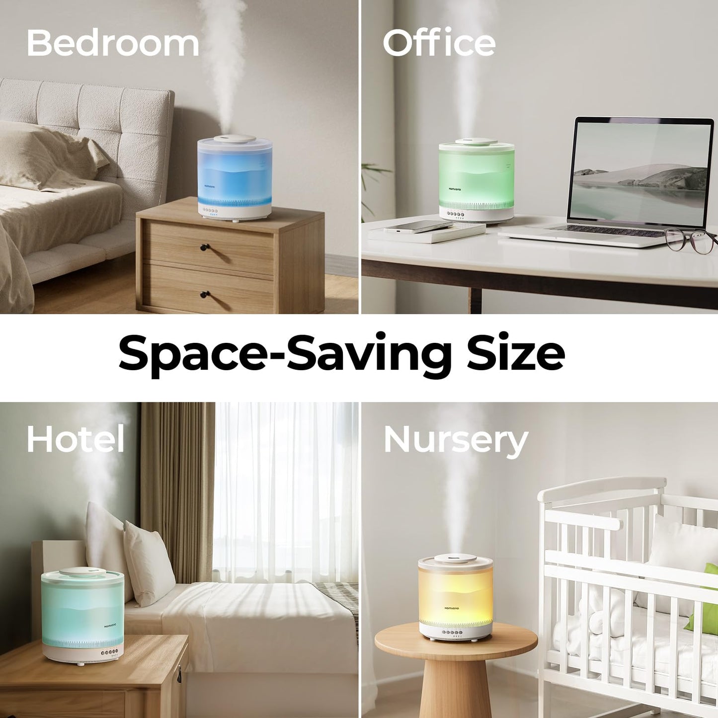 Homvana Small Humidifiers for Bedroom - 2 Packs 1.8L Cool Mist Top Fill Humidifier for Baby Nursery, Essential Oil Diffuser, 3 in 1 for Home Plants Offices and Grow Tents, 7 Color Lights, Ultrasonic