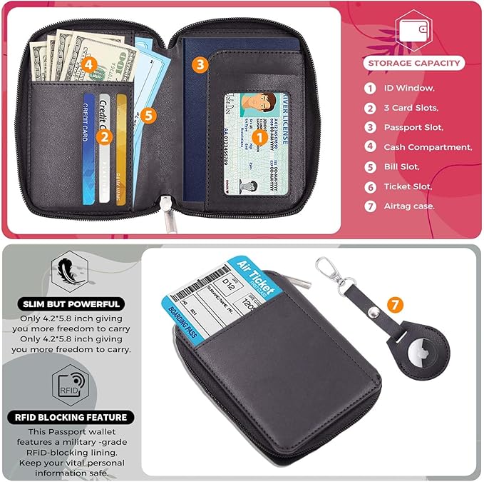Cnycmy Passport Holder with Airtag,Passport-Wallet-Holder for Women, RFID Passport Holder with Slot Waterproof, PU Leather Travel Passport Case (Black3)